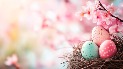 Colorful pastel Easter eggs in a straw nest surrounded by blooming spring flowers on bright background, cheerful holiday decoration and seasonal celebration theme.