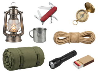 Camping and Hiking Gear on White Background