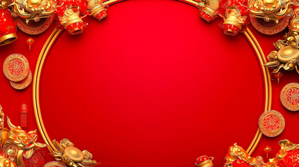 Elegant red and gold background with traditional Chinese decorations, coins, and lanterns forming frame border, symbol of prosperity, good luck, and festive celebration.