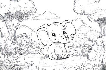 Fototapeta premium Cute baby elephant in a forest scene. A charming drawing of a small elephant sitting in a lush forest setting. Simple lines and details