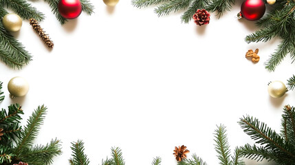 Christmas composition with fir branches, pinecones, red and gold baubles forming festive border on white background, elegant holiday greeting and seasonal layout.