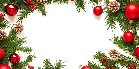 Christmas composition with fir branches, pinecones, red and gold baubles forming festive border on white background, elegant holiday greeting and seasonal layout.