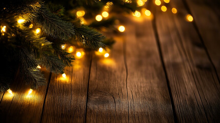 Warm festive scene with Christmas tree decorated with golden lights and ornaments on rustic wooden floor, cozy holiday atmosphere and copy space for greeting design.