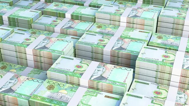 Turkmenistan 1,000 Manat Banknote Horizontal 3D Animation ? Financial Money Flow, Banking, Business Investment, Economy Growth and Currency Exchange