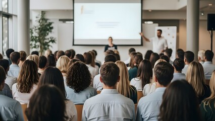 Obraz premium People attend a business presentation in a conference room with a screen and speakers.