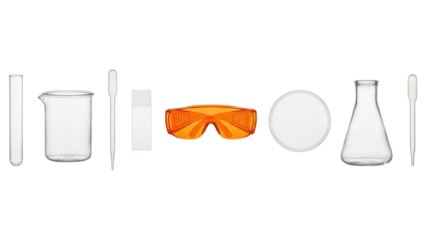 Laboratory Equipment: Scientific Glassware and Safety Gear on White