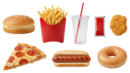 Unhealthy Fast Food Still Life: Pizza, Burger, Fries, and More