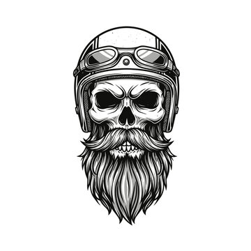 Intricate illustration of a skull with a detailed beard and vintage aviator