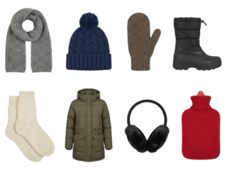 Winter warm apparel collection on white background: scarf, hat, mitten, boot, socks, parka coat, earmuffs, hot water bottle for chilly season
