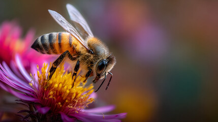 macro of a bee pollinating a colorful wildflower, nature conservation