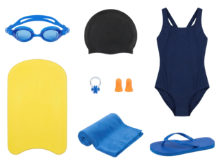 Swimming gear collection: Blue goggles, swimsuit, towel, flip-flops, yellow kickboard, swim cap, nose clip, and earplugs on a clean white background