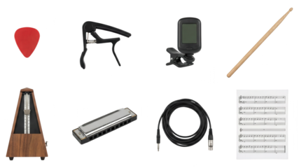 Musical Instruments and Accessories Collection on White Background