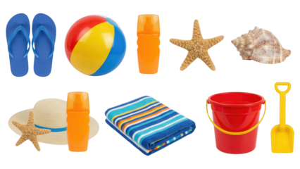 Beach Essentials for Summer Fun on White Background