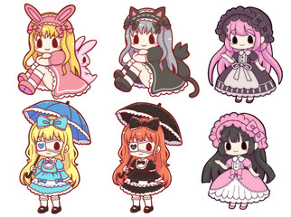 Cute Lolita Fashion Girl Set &ndash; Hand Drawn Chibi Gothic, Sweet and Classic Princess Style Characters
