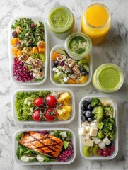 weight loss diet fresh organic meal delivery service containers in healthy food take away eco boxes and smoothie on marble white background daily lunchbox ready menu plan concept flat lay top view no