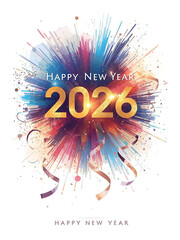 A vibrant and festive Happy New Year 2026 celebration illustration, featuring abstract colorful fireworks, glowing golden 2026 numbers, sparkling confetti, and elegant decorative elements.