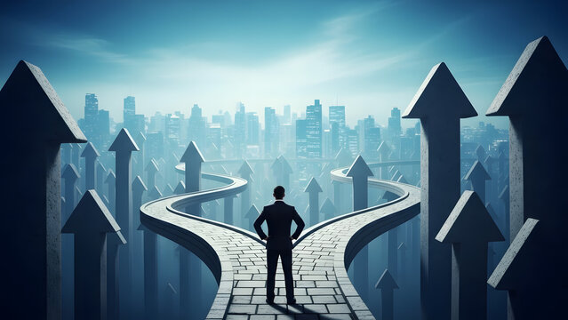 Man standing at crossroads with multiple paths ahead in cityscape
