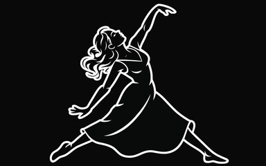 Fototapeta premium White line dancer in flowing dress on black background