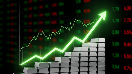 Rising graph and silver bars representing investment growth