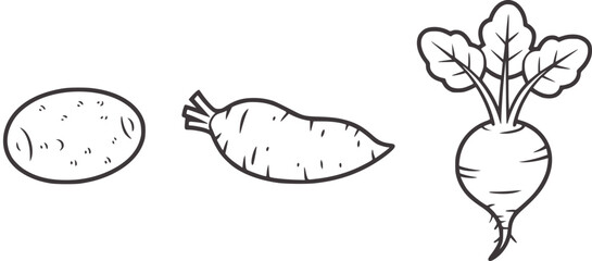 Black and white line of potato squash and radish