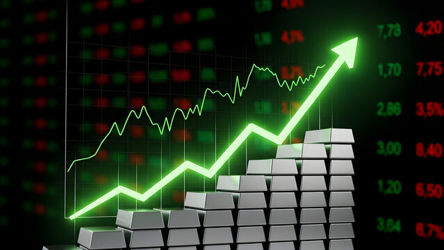 Rising graph and silver bars representing investment growth