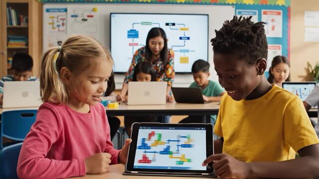 Elementary school students learning coding on a tablet with a teacher in a classroom