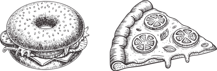 Black and white style bagel and pizza slice seeds toppings