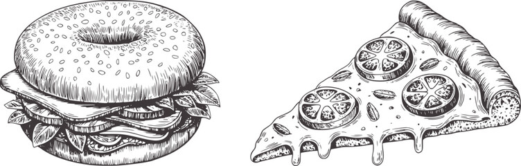 Black and white style bagel and pizza slice