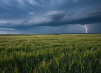 Fototapeta premium Thunderstorm over Green Wheat Field with Dark Clouds and Lightning