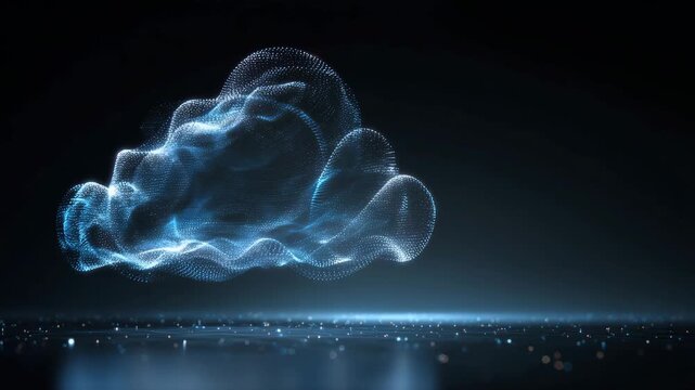 Futuristic digital cloud made of glowing blue particles floating in dark cyber technology space