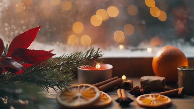 Enchanting holiday tableau by a window, featuring the warm glow of candles, fragrant dried oranges, and cinnamon, creating a magical festive ambiance perfect for winter evenings