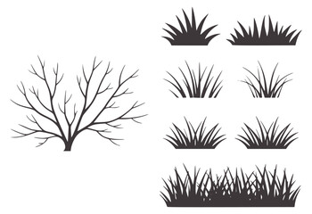 Minimalist black botanical with tree and grasses