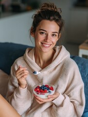 smiling young woman having healthy breakfast at home with fruit and yogurt happy natural girl holding teaspoon with yogurt and blueberries beautiful woman eating fresh yoghurt with berries at home no