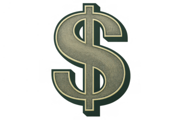 Dollar sign symbol showing finance, currency, wealth, and economy concept on transparent background