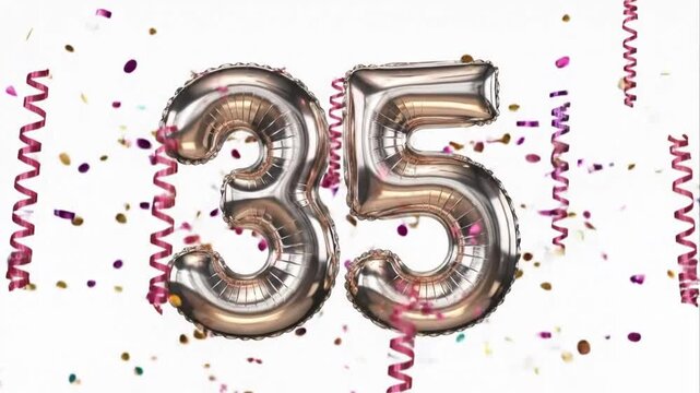 Shiny metallic number balloons displaying the number thirty five with confetti