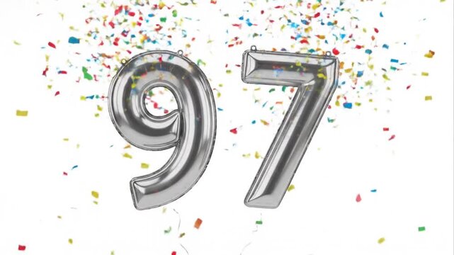 Shiny metallic number 97 floating with confetti on white background