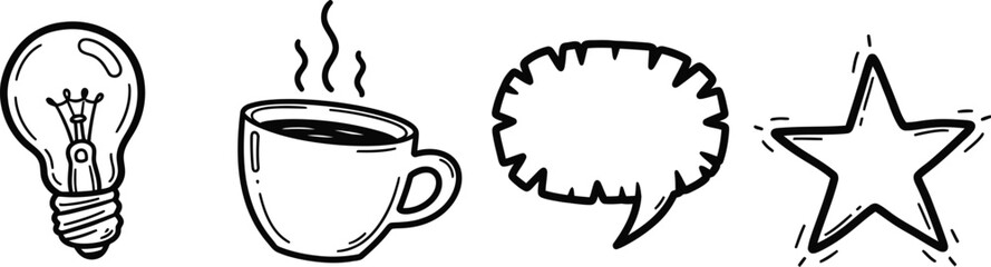 A set of four hand drawn doodle icons on a single image a wobbly lightbulb, a crooked coffee cup, a rough speech bubble, and an imperfect star