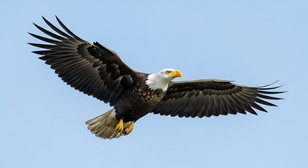 Obraz premium Majestic Bald Eagle Soaring Through a Clear Blue Sky.