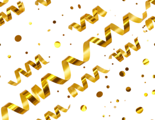Floating Gold Metallic Confetti with Soft Spiral Streamers, Diagonal Seamless Pattern, Transparent Background