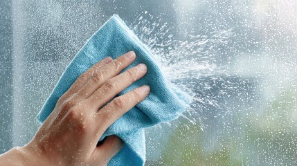 Fototapeta premium hand holding a cleaning cloth wiping a window with water droplets splashing showcasing the joy of cleaning and the effectiveness of household cleaning products in a bright environment