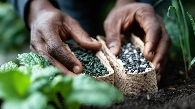 Seeds Packed in Small Burlap Bags on Soil Representing an Organized Garden Preparation Process