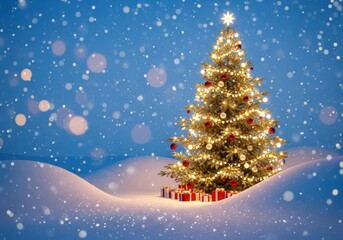 Obraz premium Beautifully decorated christmas tree with presents underneath, surrounded by a snowy landscape and falling snowflakes, creating a magical winter holiday atmosphere