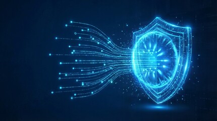 Glowing digital shield protecting flowing data streams against cyber threats in a dark abstract network background