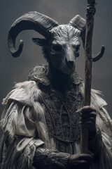Satanic cult ritual costume with goat skull, occultism