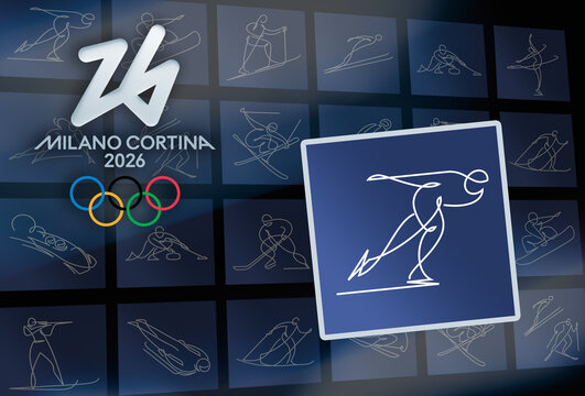 MILAN, ITALY, DECEMBER 12, 2025. The official Speed Skating pictogram is displayed on a blue square tile in front of the Milano Cortina 2026 Winter Olympic Games branding background and logo identity