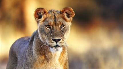 Obraz premium ferocity. Lioness portrait with intense gaze and detailed fur in golden savannah setting. wildlife magazines, conservation campaigns, designed for wildlife conservation campaigns.