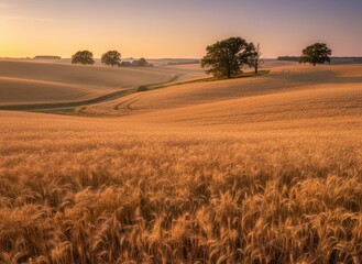 Obraz premium Golden Wheat Field Under Soft Sunrise with Distant Trees