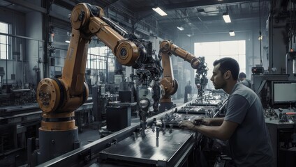Automated Manufacturing - Human Overseeing Robotic Arms in a Modern Factory.