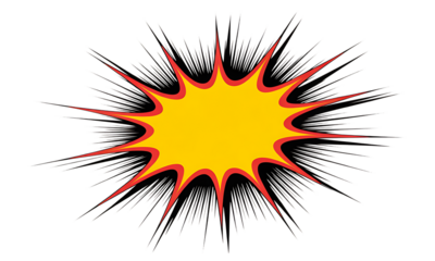 Abstract explosion shape graphic with red and black spikes around a yellow center