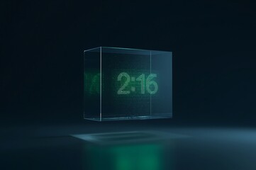 Futuristic transparent cube containing glowing green circuitry and data streams on a dark reflective surface